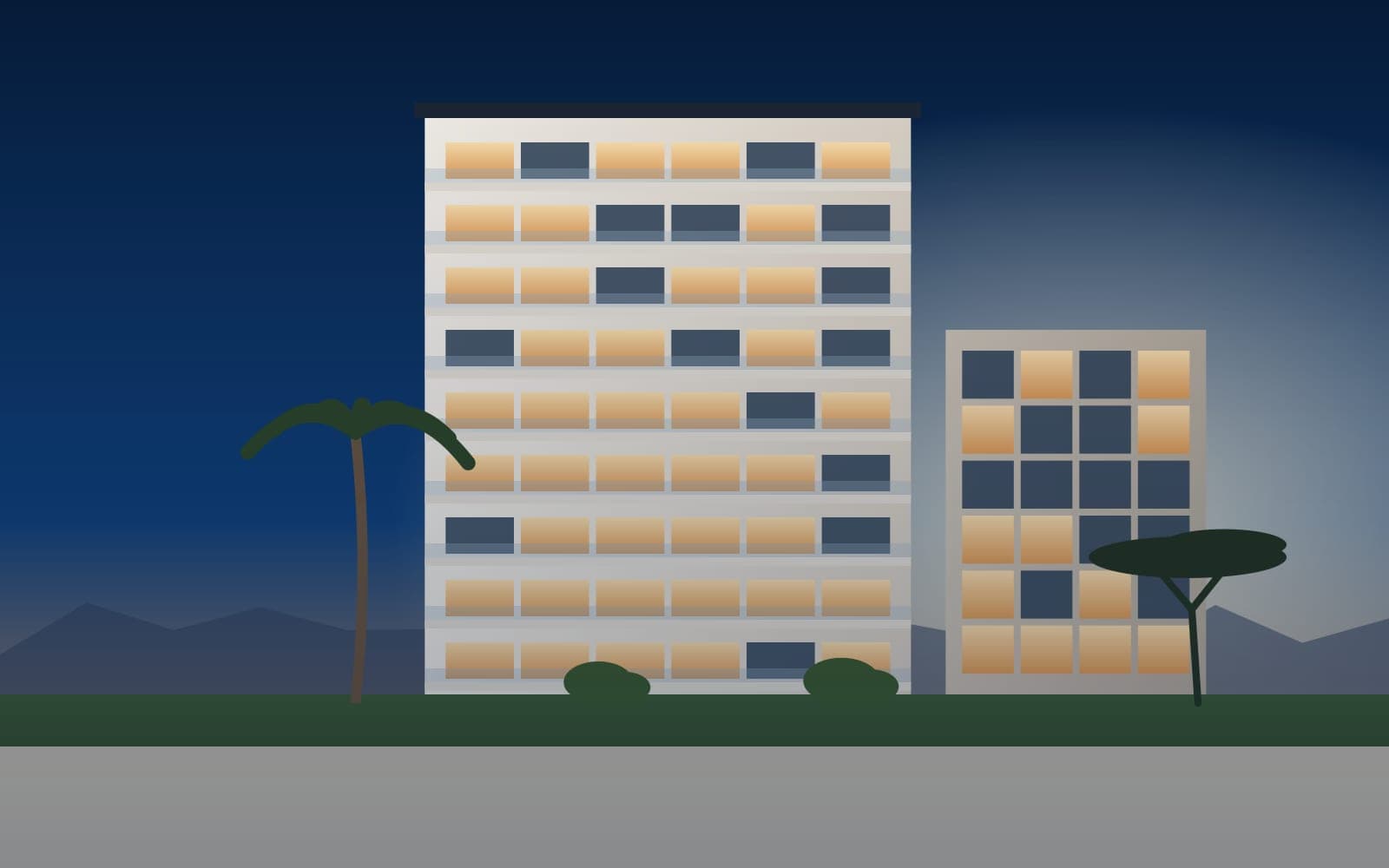 Illustration of a residential tower at dusk (sample image)